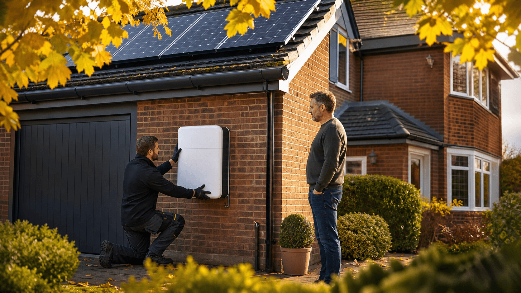 Solar panels on a Wolverhampton rooftop glow in autumn sunlight beside a leafy orange tree.
