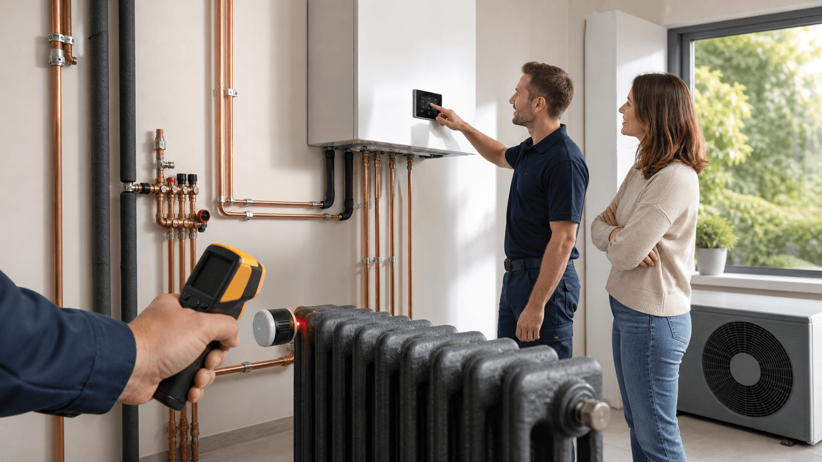 Modern outdoor heat pump beside a row of white cast-iron radiators in a sunlit room, blue schematic overlay