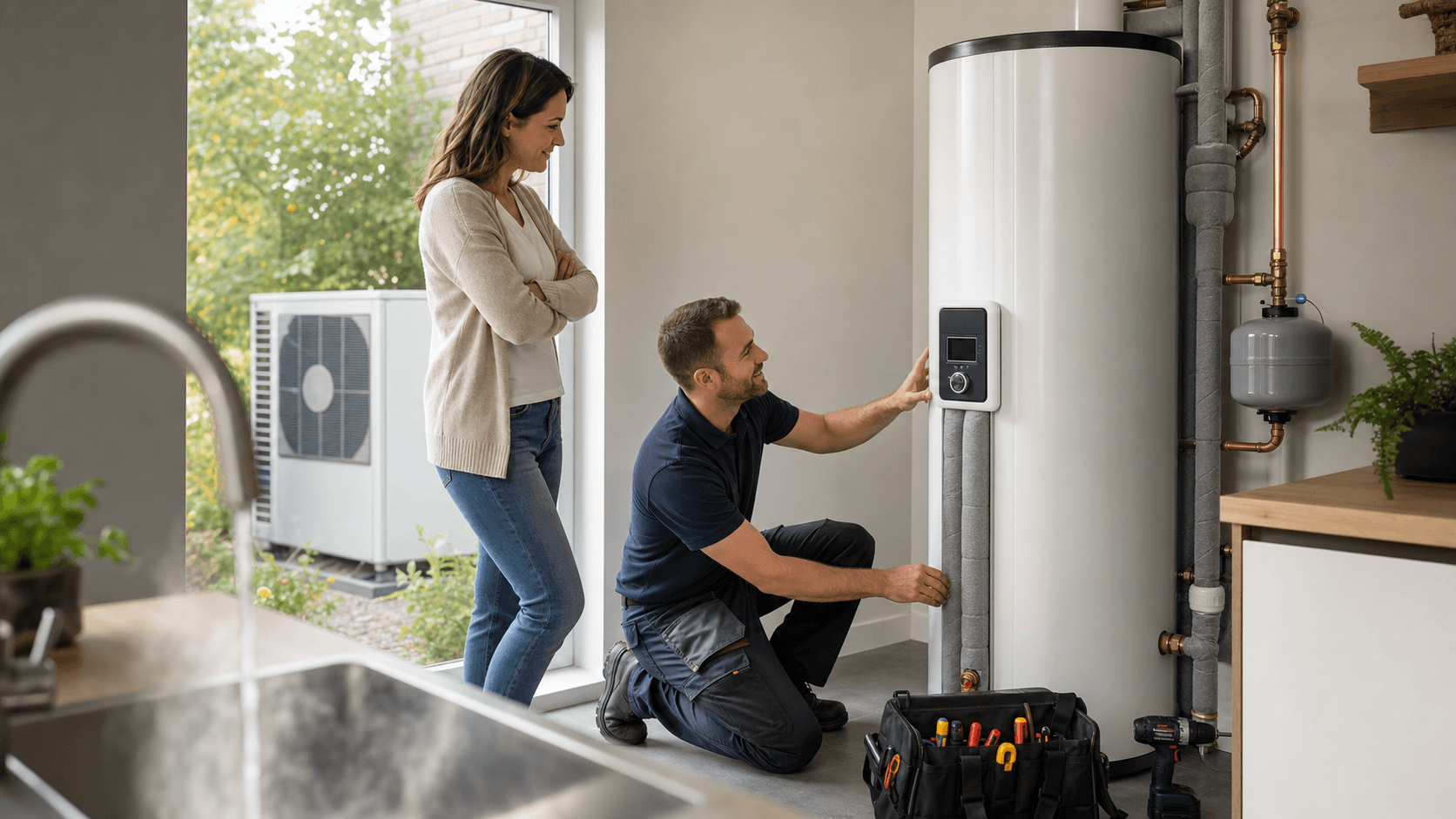 3D illustration of a tall white hot water cylinder beside a compact heat pump unit, lit by soft blue light