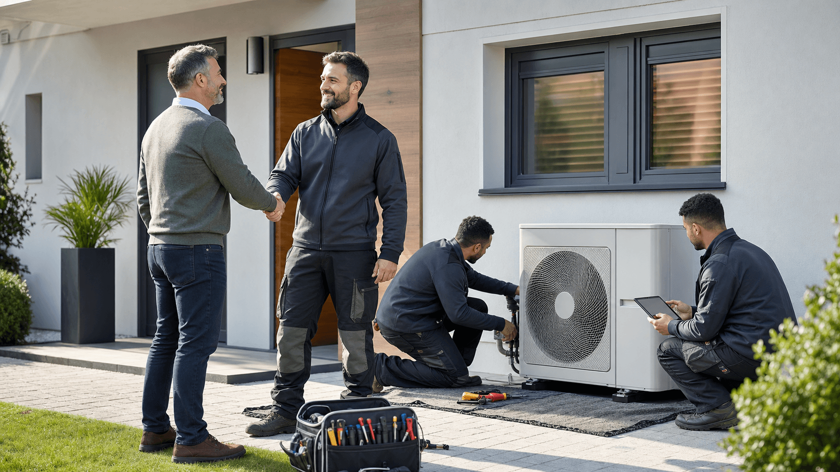 Smiling technician in blue uniform checks an outdoor heat pump beside a brick house on a sunny day.