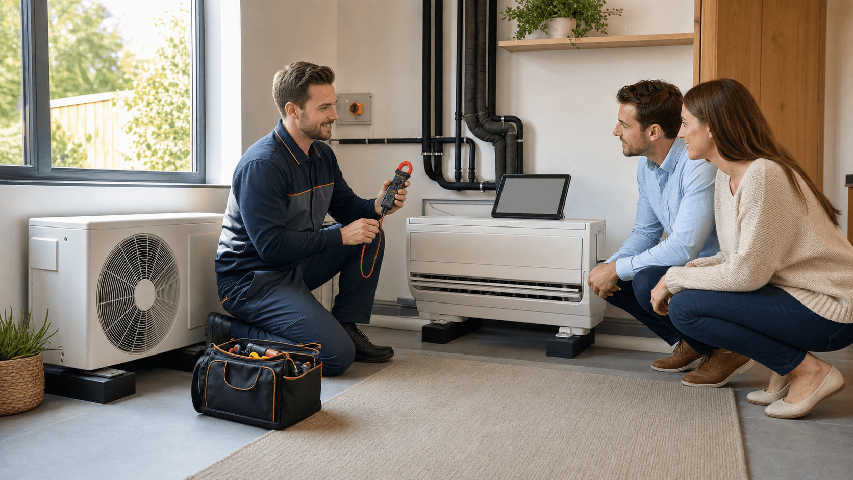 Split-screen illustration of a heat pump and AC unit with blue cool airflow lines on a clean white background