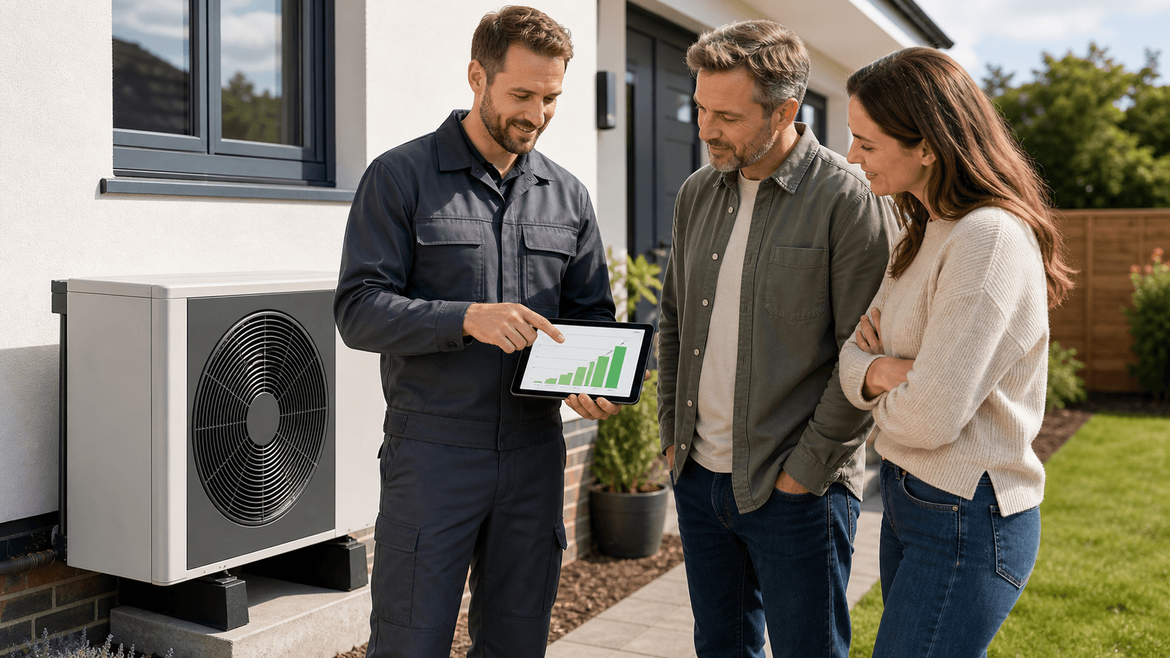 Modern UK home with an outdoor heat pump unit, blue efficiency chart overlay, and soft daylight.