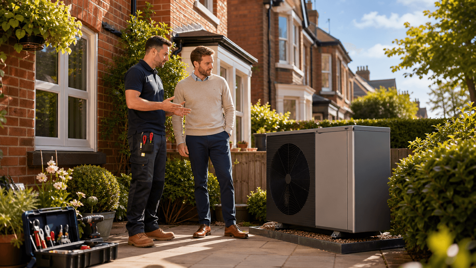 Sunlit Birmingham home with a technician examining an outdoor heat pump beside blooming summer plants.