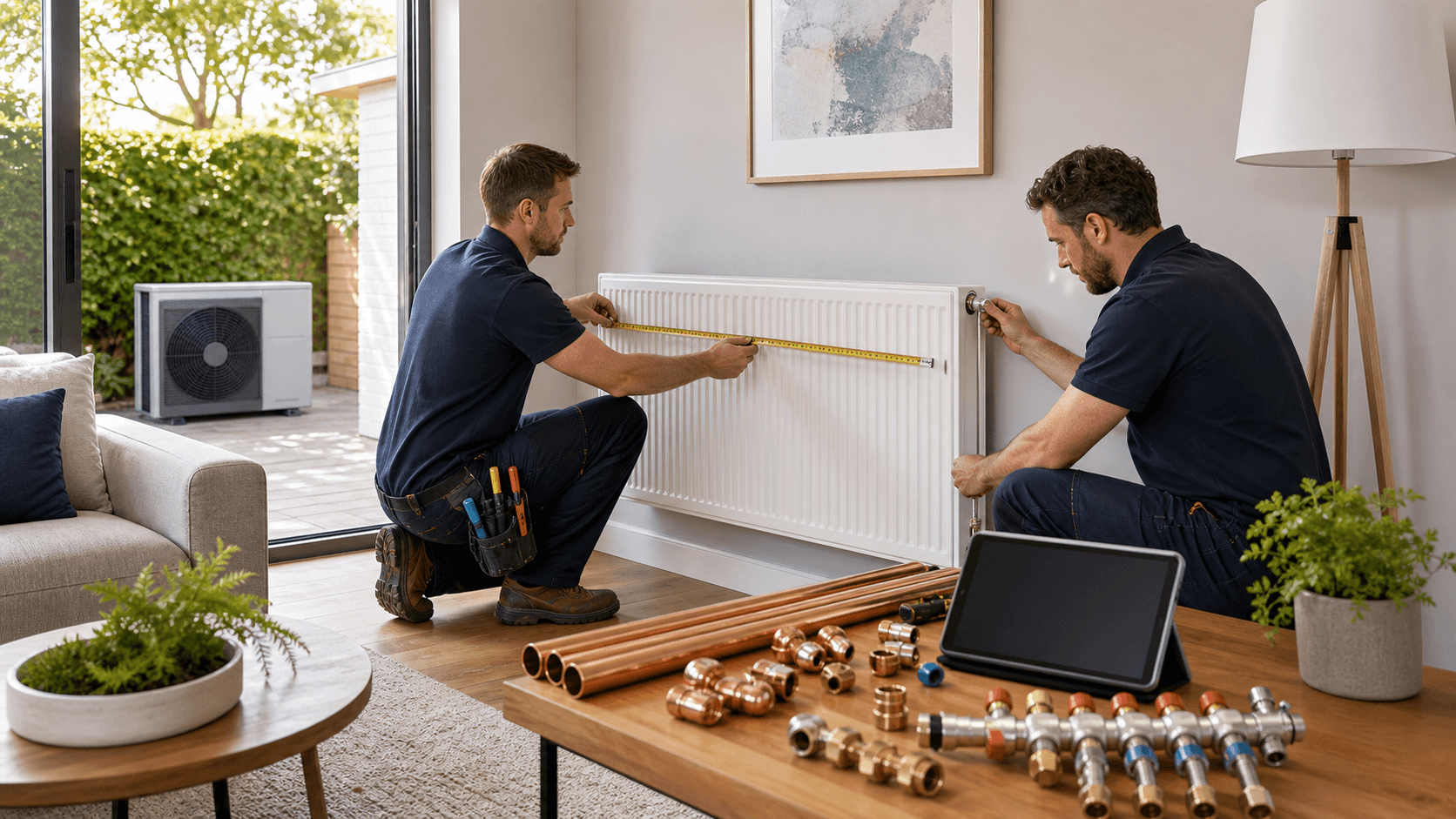 Modern radiator beside a heat pump unit with blueprints and tools on a sunlit wooden floor, warm summer light