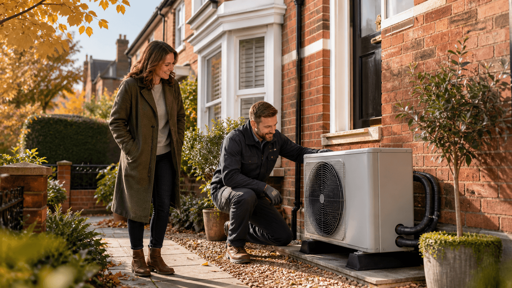 Modern outdoor heat pump unit beside a brick home, with Birmingham skyline silhouetted in cool blue light.