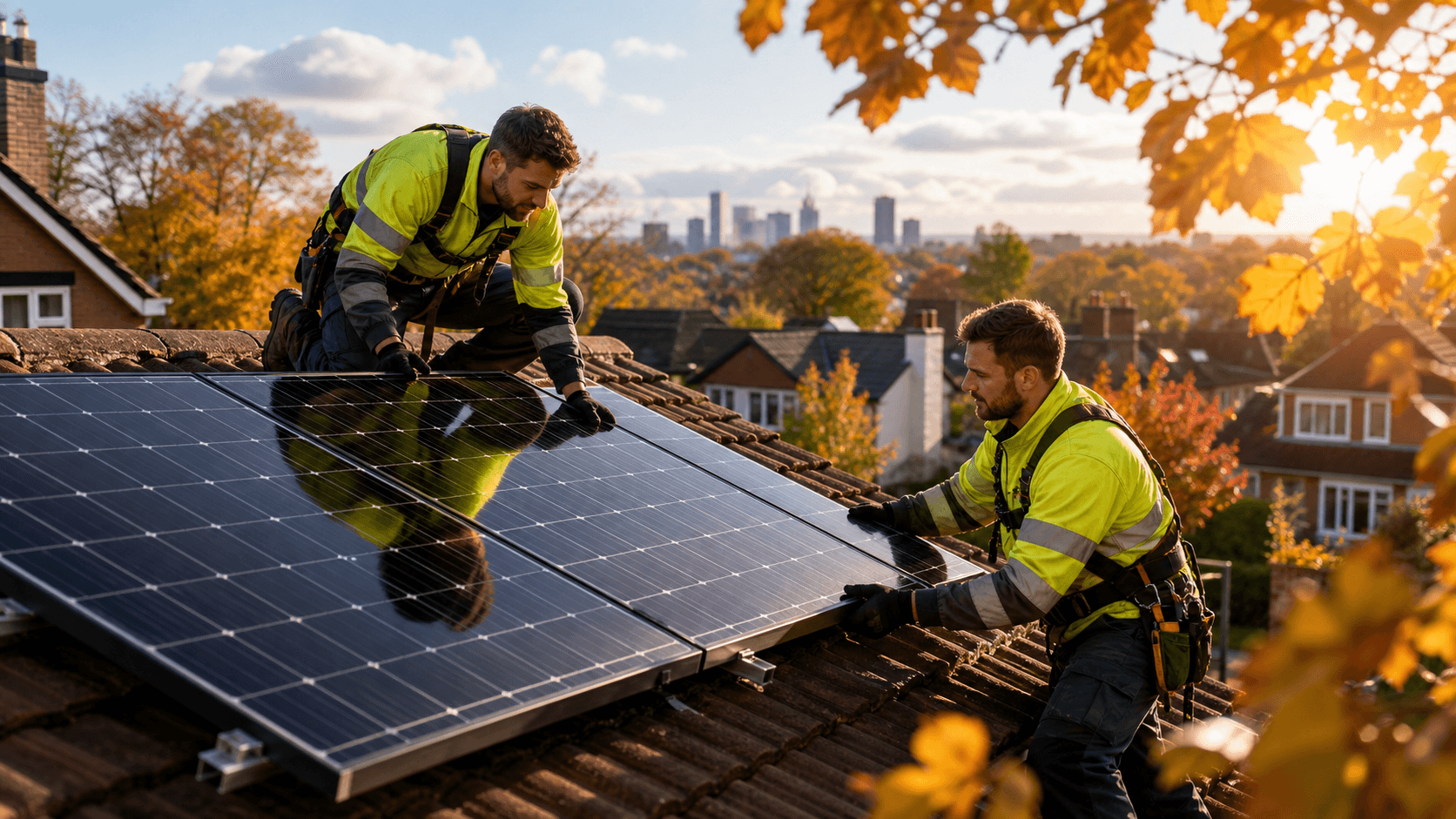 Solar panels on a Birmingham rooftop under a cloudy winter sky with soft afternoon light.